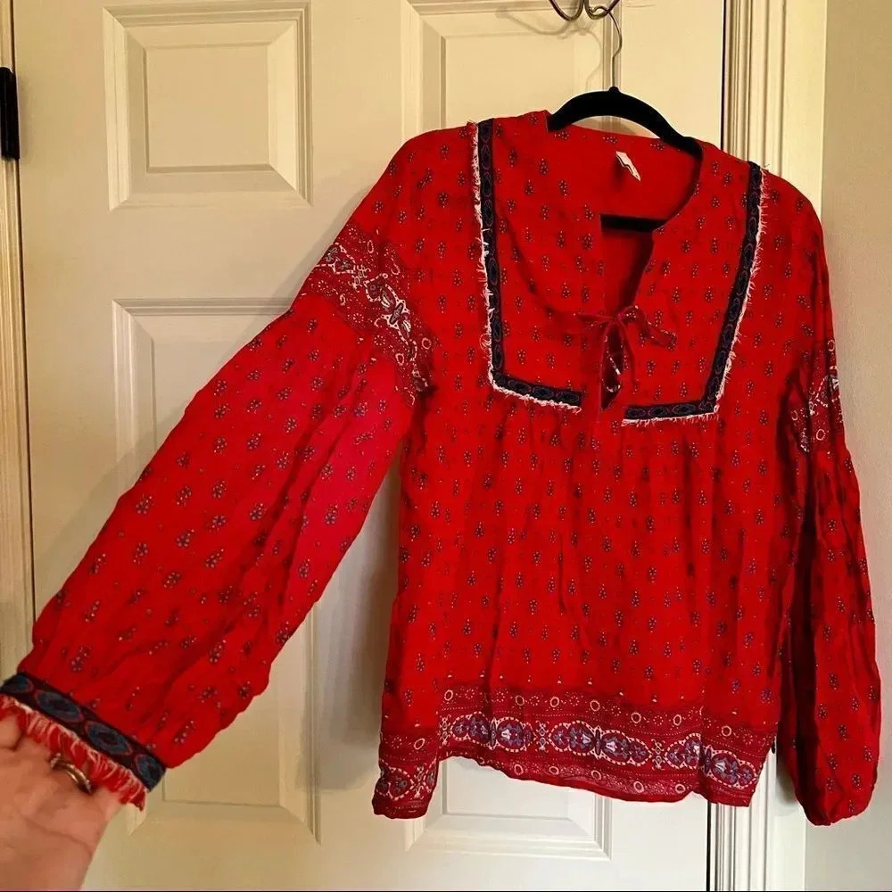 Pepe Jeans Red Boho Long Sleeve Fringe And Embroidered Blouse Size X-Large